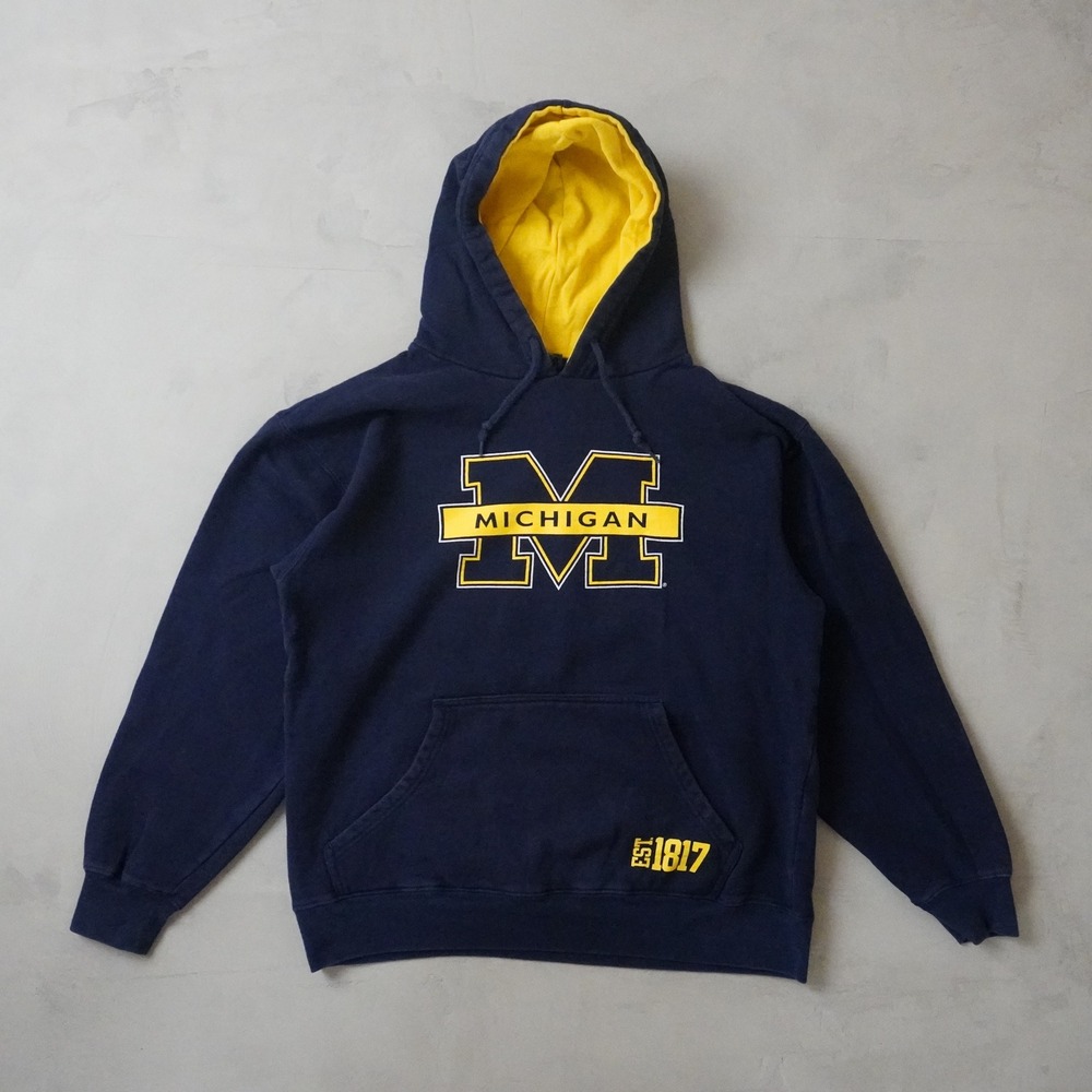 Vintage Michigan Wolverines Hoodie Large Mens Navy Blue Yellow Pullover 90s